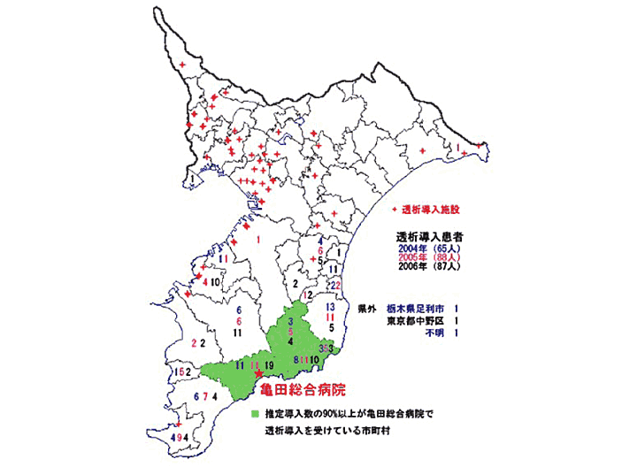 図4　千葉県内の透析導入施設分布と亀田総合病院において透析導入を行った患者の分布